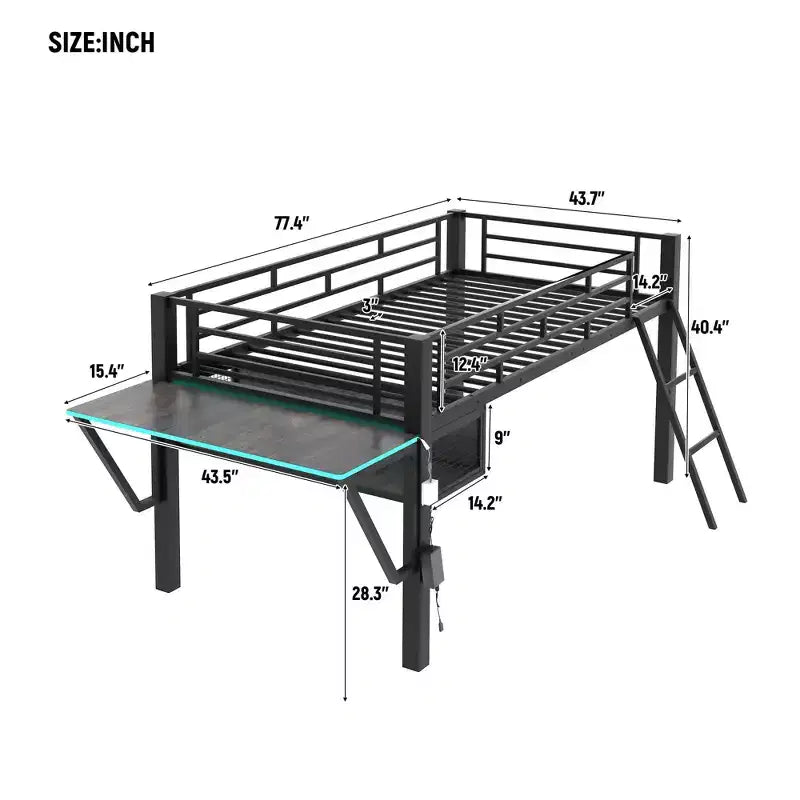 Lit mezzanine avec bureau, étagères de rangement et lumière LED, noir - ModernLuxe