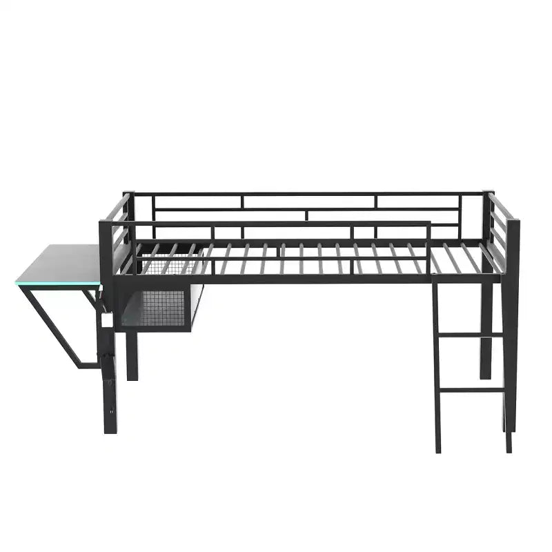 Lit mezzanine avec bureau, étagères de rangement et lumière LED, noir - ModernLuxe
