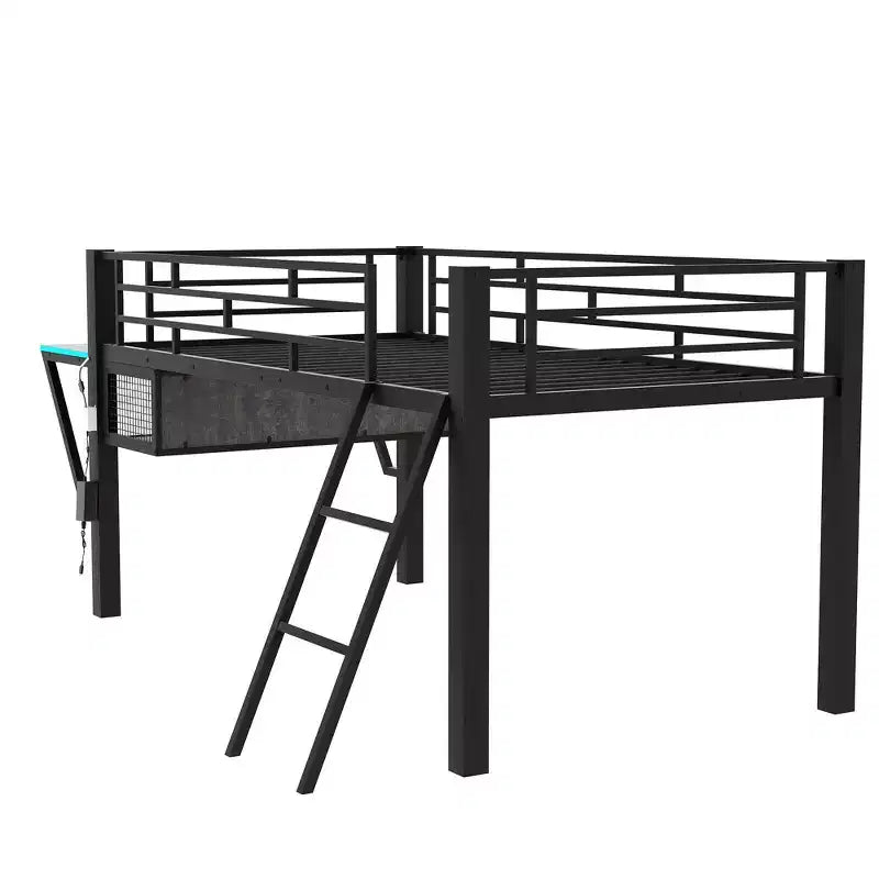 Lit mezzanine avec bureau, étagères de rangement et lumière LED, noir - ModernLuxe