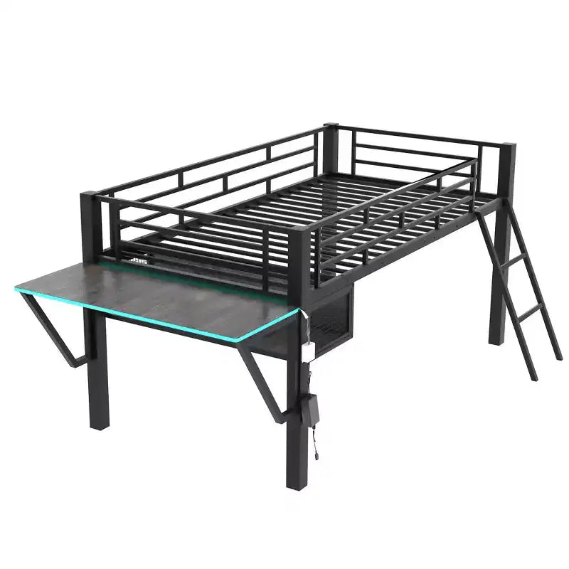 Lit mezzanine avec bureau, étagères de rangement et lumière LED, noir - ModernLuxe