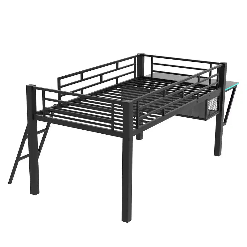 Lit mezzanine avec bureau, étagères de rangement et lumière LED, noir - ModernLuxe