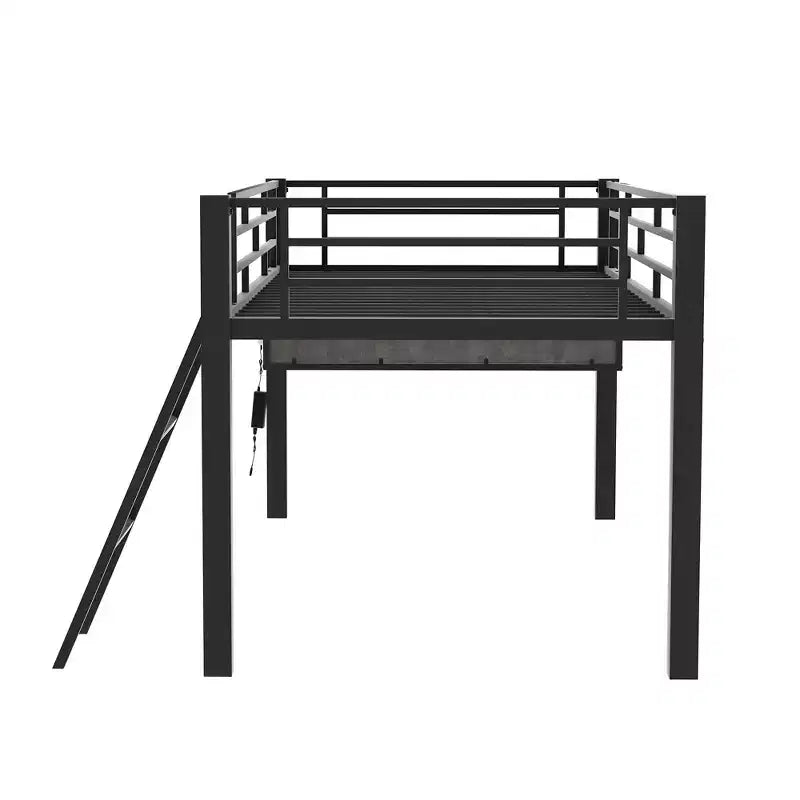 Lit mezzanine avec bureau, étagères de rangement et lumière LED, noir - ModernLuxe
