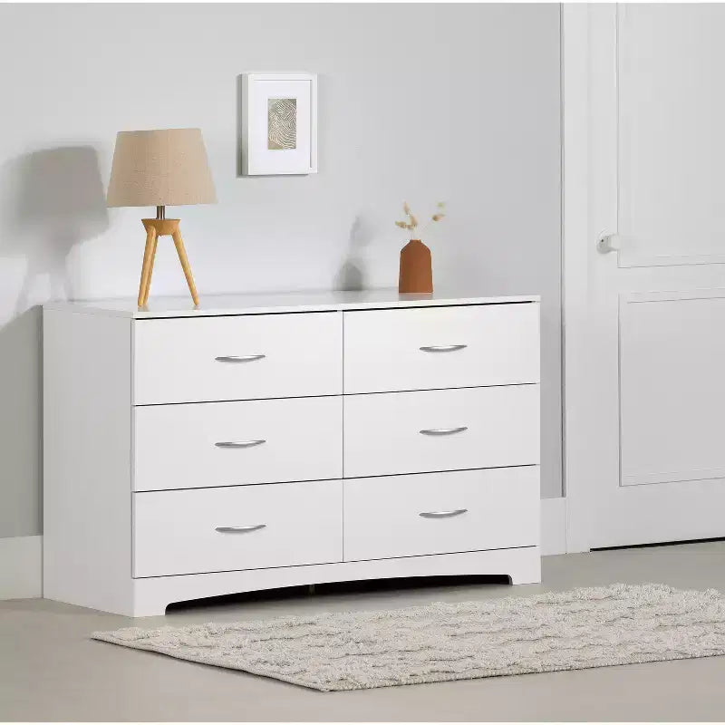 Commode horizontale 6 tiroirs, finition blanche, grande commode de rangement pour chambre à coucher