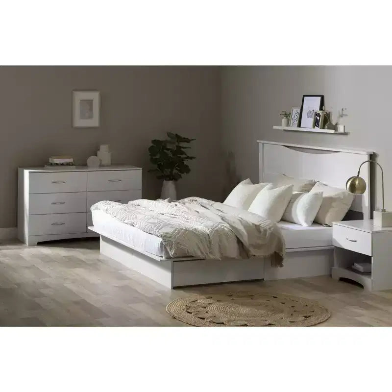 Commode horizontale 6 tiroirs, finition blanche, grande commode de rangement pour chambre à coucher