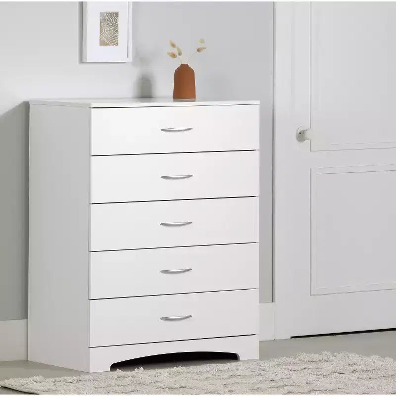 Commode verticale à 5 tiroirs, finition blanche, meuble de rangement de chambre à coucher