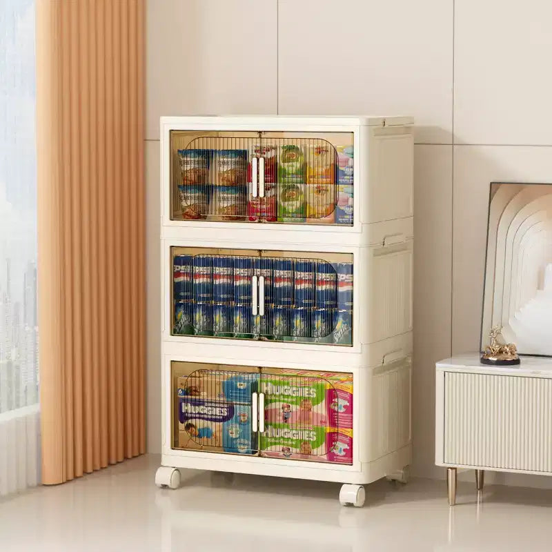MAYEERTY 3 Tiers Plastic Folding Storage Cabinets with Magnetic Doors Wheels, Closet Organizers and Storage Containers White for Small Space