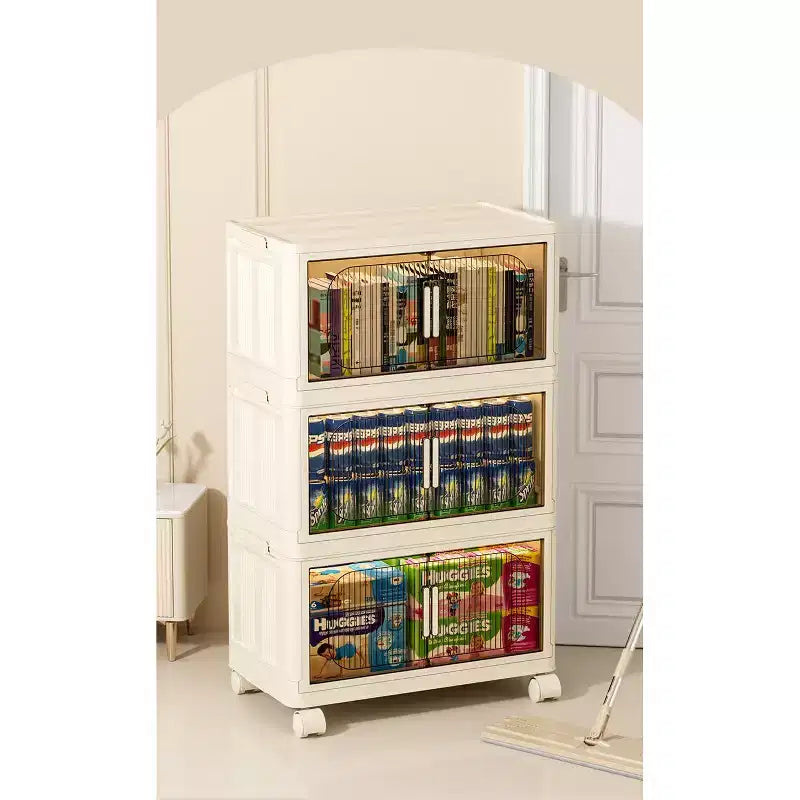 Meuble de rangement pliable en plastique à 3 niveaux avec portes magnétiques et roulettes, blanc, pour petits espaces