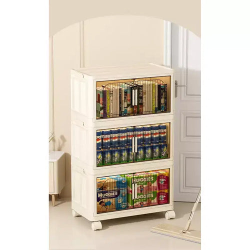 Meuble de rangement pliable en plastique à 3 niveaux avec portes magnétiques et roulettes, blanc, pour petits espaces