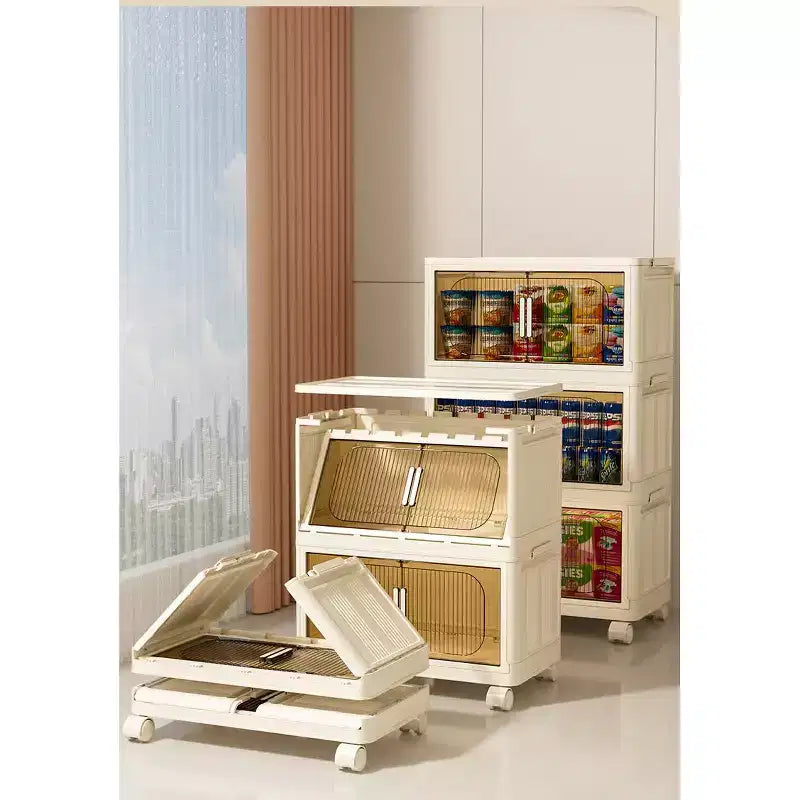Meuble de rangement pliable en plastique à 3 niveaux avec portes magnétiques et roulettes, blanc, pour petits espaces