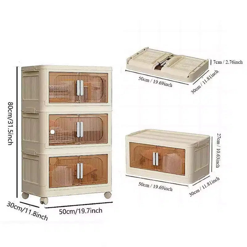 Meuble de rangement pliable en plastique à 3 niveaux avec portes magnétiques et roulettes, blanc, pour petits espaces