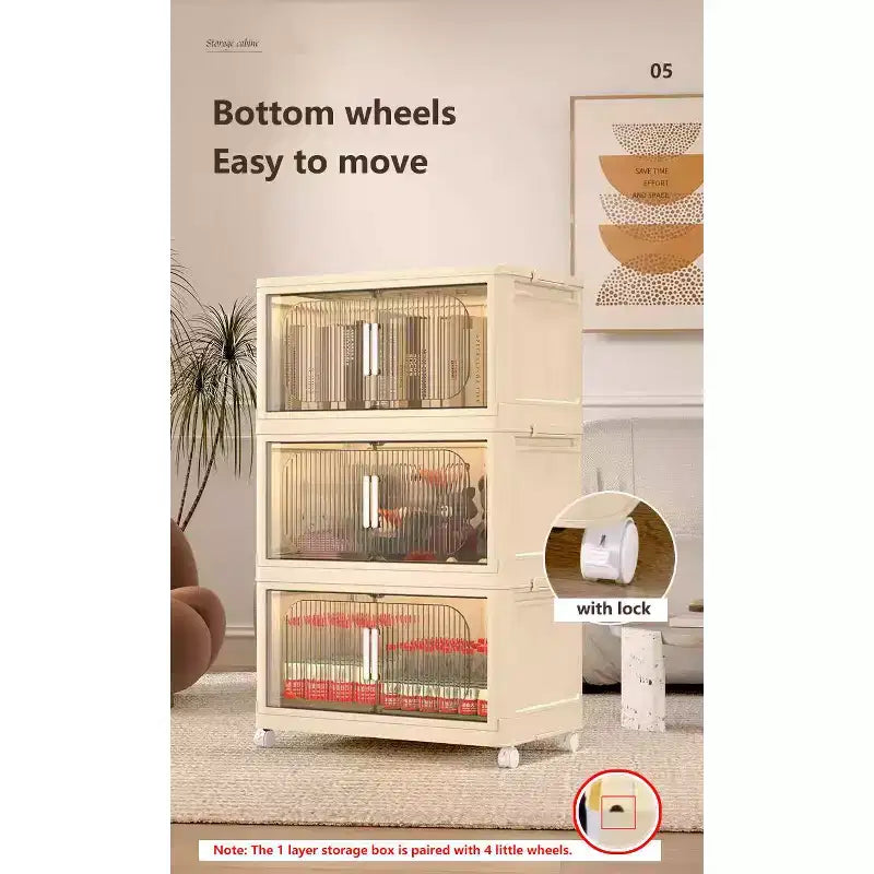Meuble de rangement pliable en plastique à 3 niveaux avec portes magnétiques et roulettes, blanc, pour petits espaces