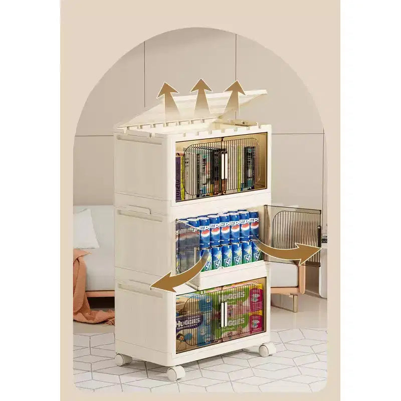 Meuble de rangement pliable en plastique à 3 niveaux avec portes magnétiques et roulettes, blanc, pour petits espaces