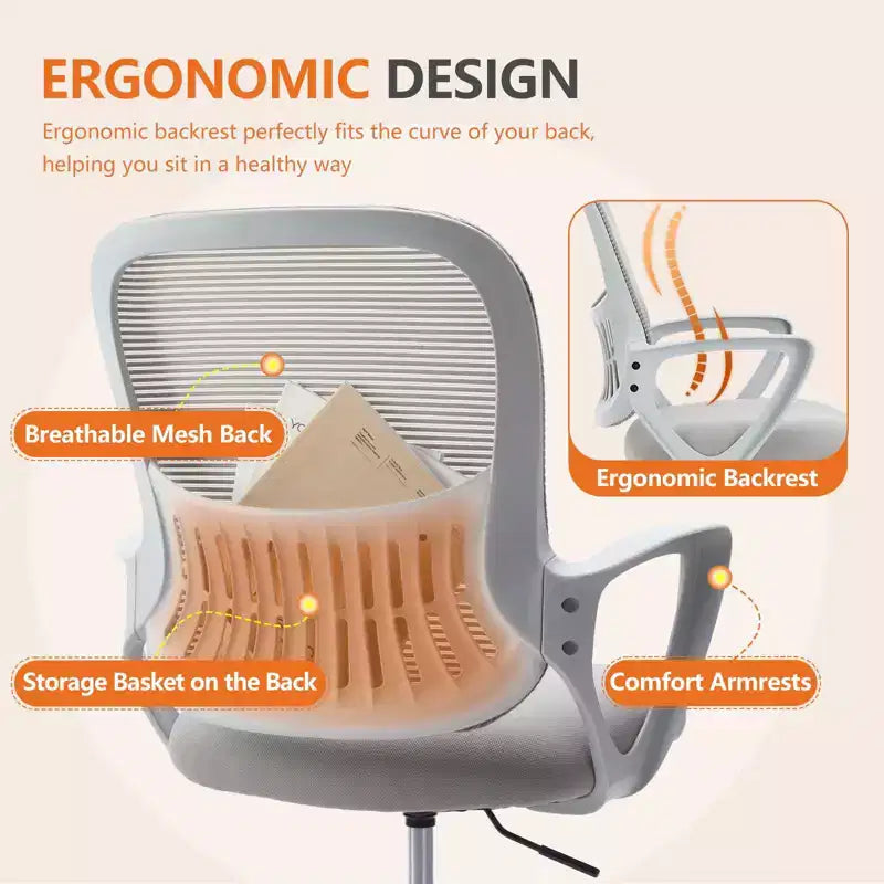 Chaise de bureau ergonomique pour bureau debout, réglable en hauteur, accoudoirs fixes, maille grise