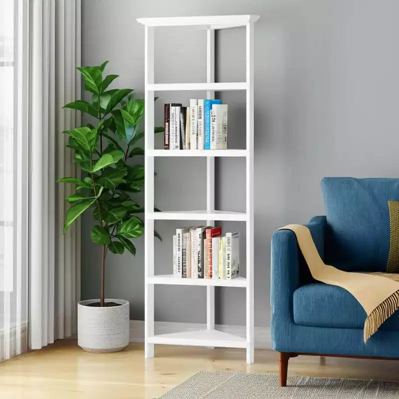 Bibliothèque d'angle en bois massif blanc avec étagères ouvertes, étagère de rangement peu encombrante pour salon et bureau