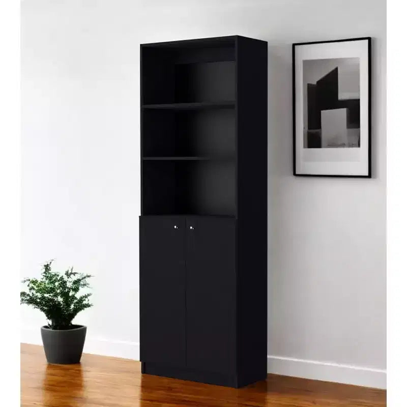 Bibliothèque noire à cinq niveaux avec deux portes de 180 cm, étagère de présentation et de rangement