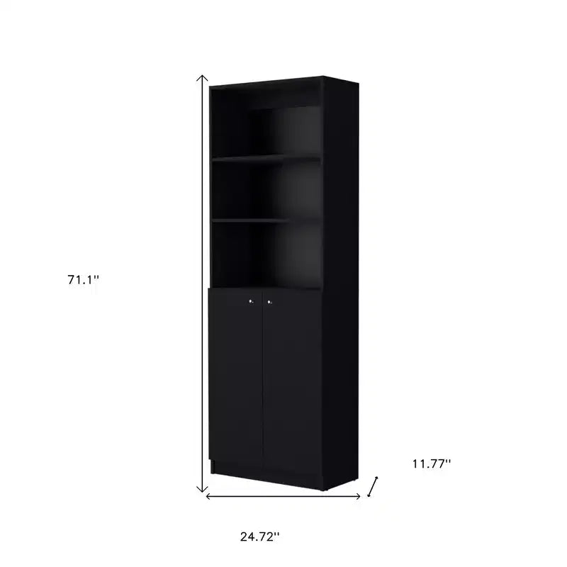 Bibliothèque noire à cinq niveaux avec deux portes de 180 cm, étagère de présentation et de rangement