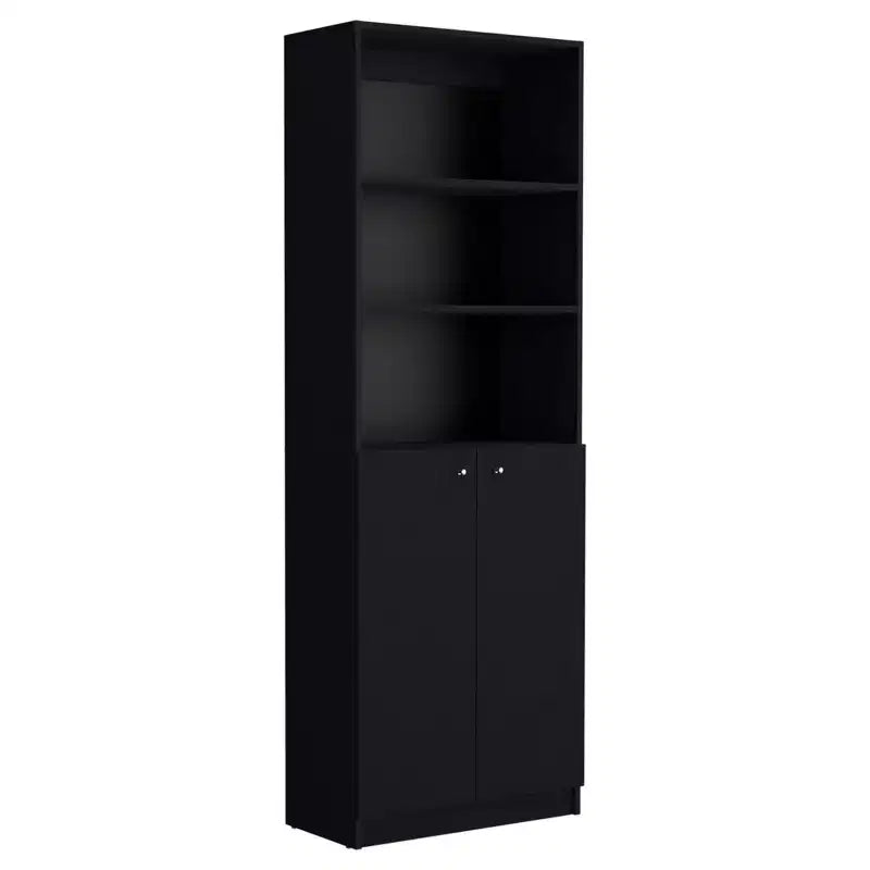 Bibliothèque noire à cinq niveaux avec deux portes de 180 cm, étagère de présentation et de rangement
