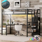 Okak Metal High Loft Bunk Bed with L-shaped Desk & USB Heavy Duty Bedframe with Wardrobe & Adjustable Shelf LED for Adults Teens Kids