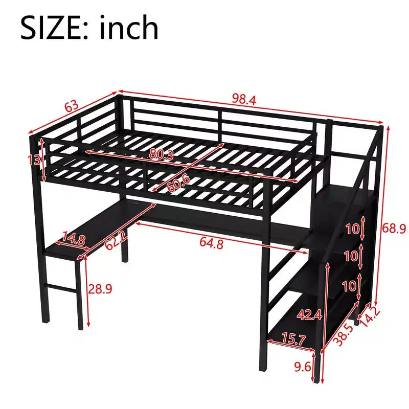 Lit superposé en métal avec bureau en L, port USB, armoire et étagère réglable, lumière LED, pour adolescents et adultes