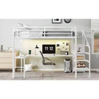 Lit superposé en métal avec bureau en L, port USB, armoire et étagère réglable, lumière LED, pour adolescents et adultes
