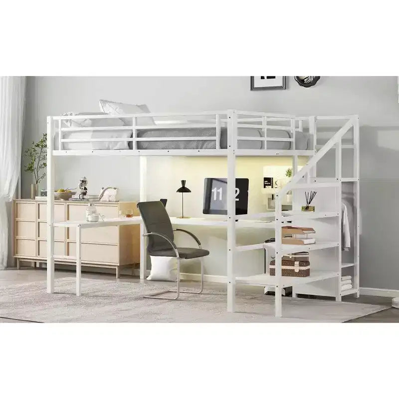 Lit superposé en métal avec bureau en L, port USB, armoire et étagère réglable, lumière LED, pour adolescents et adultes