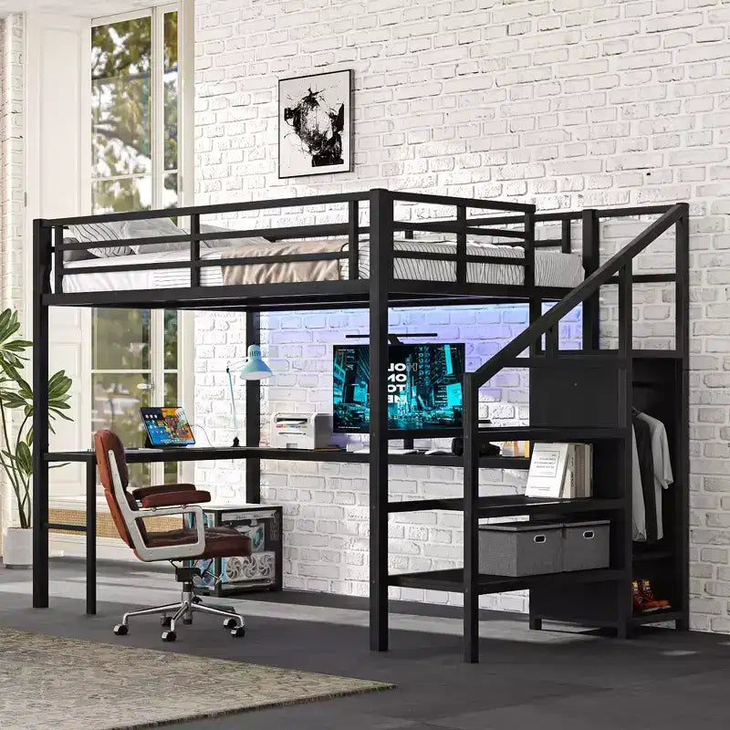 Lit superposé en métal avec bureau en L, port USB, armoire et étagère réglable, lumière LED, pour adolescents et adultes