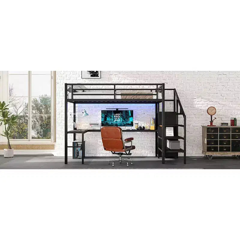 Lit superposé en métal avec bureau en L, port USB, armoire et étagère réglable, lumière LED, pour adolescents et adultes