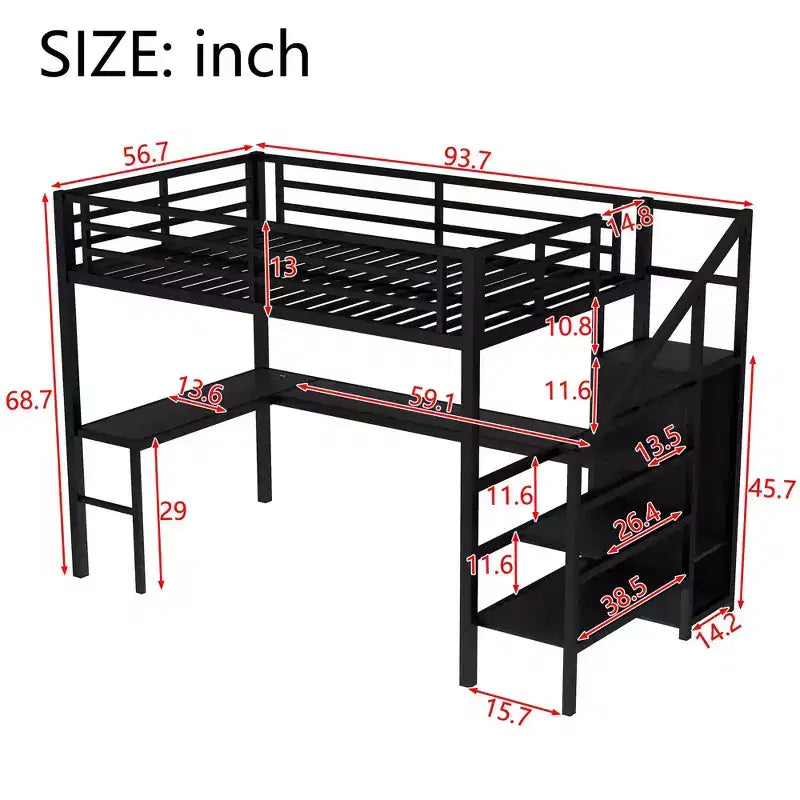 Lit superposé en métal avec bureau en L, port USB, armoire et étagère réglable, lumière LED, pour adolescents et adultes