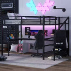 Lit superposé en métal avec bureau en L, port USB, armoire et étagère réglable, lumière LED, pour adolescents et adultes