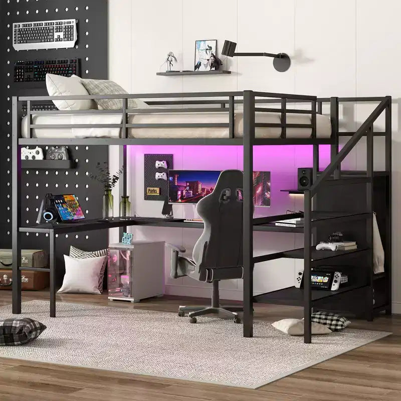 Lit superposé en métal avec bureau en L, port USB, armoire et étagère réglable, lumière LED, pour adolescents et adultes