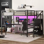 Lit superposé en métal avec bureau en L, port USB, armoire et étagère réglable, lumière LED, pour adolescents et adultes