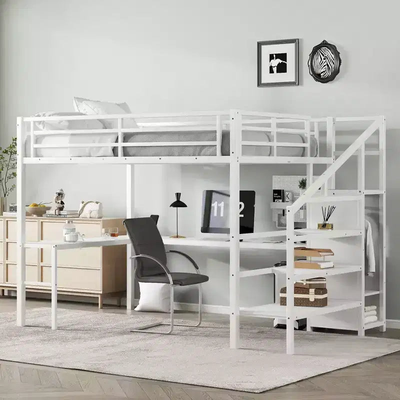 Lit superposé en métal avec bureau en L, port USB, armoire et étagère réglable, lumière LED, pour adolescents et adultes