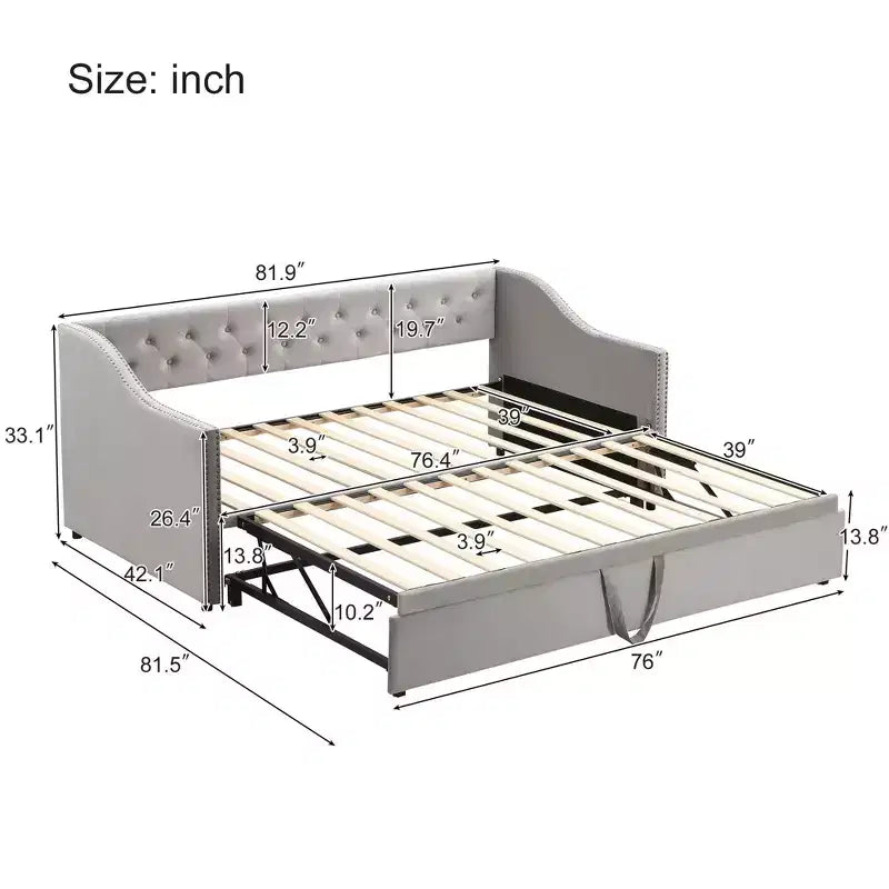 Lit de repos une place avec lit gigogne escamotable, Cadre de canapé-lit rembourré avec dossier pour salon, chambre à coucher et chambre d'amis