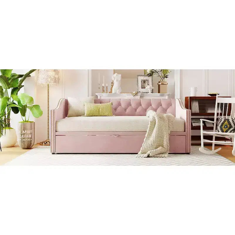 Lit de repos une place avec lit gigogne escamotable, Cadre de canapé-lit rembourré avec dossier pour salon, chambre à coucher et chambre d'amis