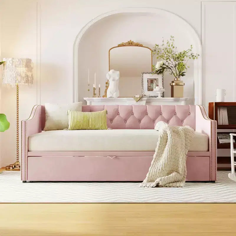 Lit de repos une place avec lit gigogne escamotable, Cadre de canapé-lit rembourré avec dossier pour salon, chambre à coucher et chambre d'amis