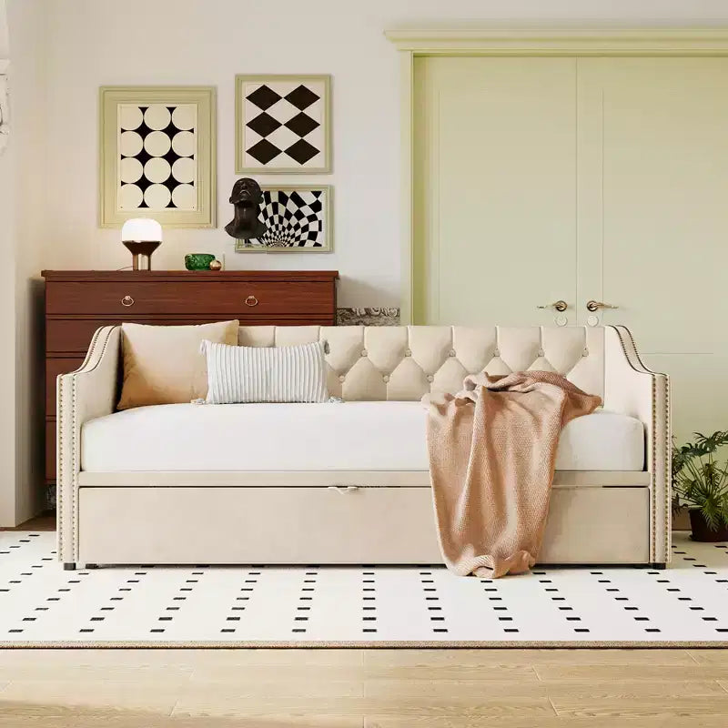 Lit de repos une place avec lit gigogne escamotable, Cadre de canapé-lit rembourré avec dossier pour salon, chambre à coucher et chambre d'amis
