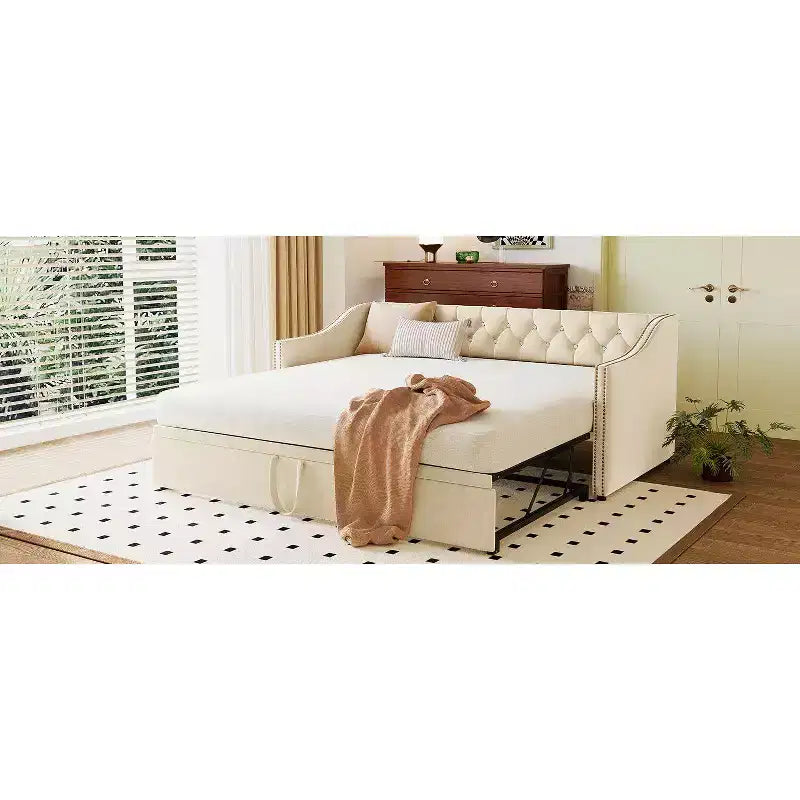 Lit de repos une place avec lit gigogne escamotable, Cadre de canapé-lit rembourré avec dossier pour salon, chambre à coucher et chambre d'amis