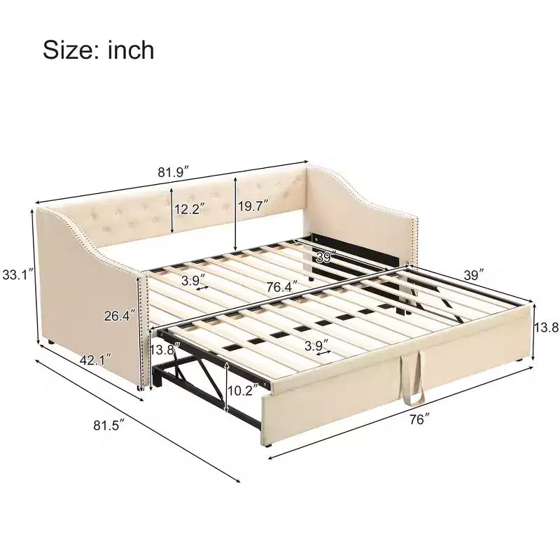 Lit de repos une place avec lit gigogne escamotable, Cadre de canapé-lit rembourré avec dossier pour salon, chambre à coucher et chambre d'amis