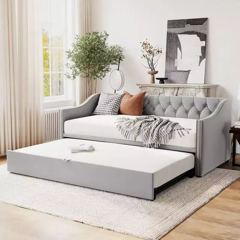 Lit de repos une place avec lit gigogne escamotable, Cadre de canapé-lit rembourré avec dossier pour salon, chambre à coucher et chambre d'amis