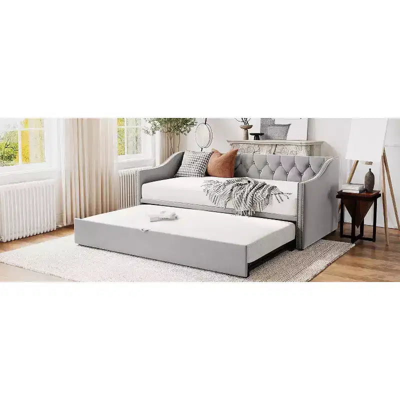 Lit de repos une place avec lit gigogne escamotable, Cadre de canapé-lit rembourré avec dossier pour salon, chambre à coucher et chambre d'amis