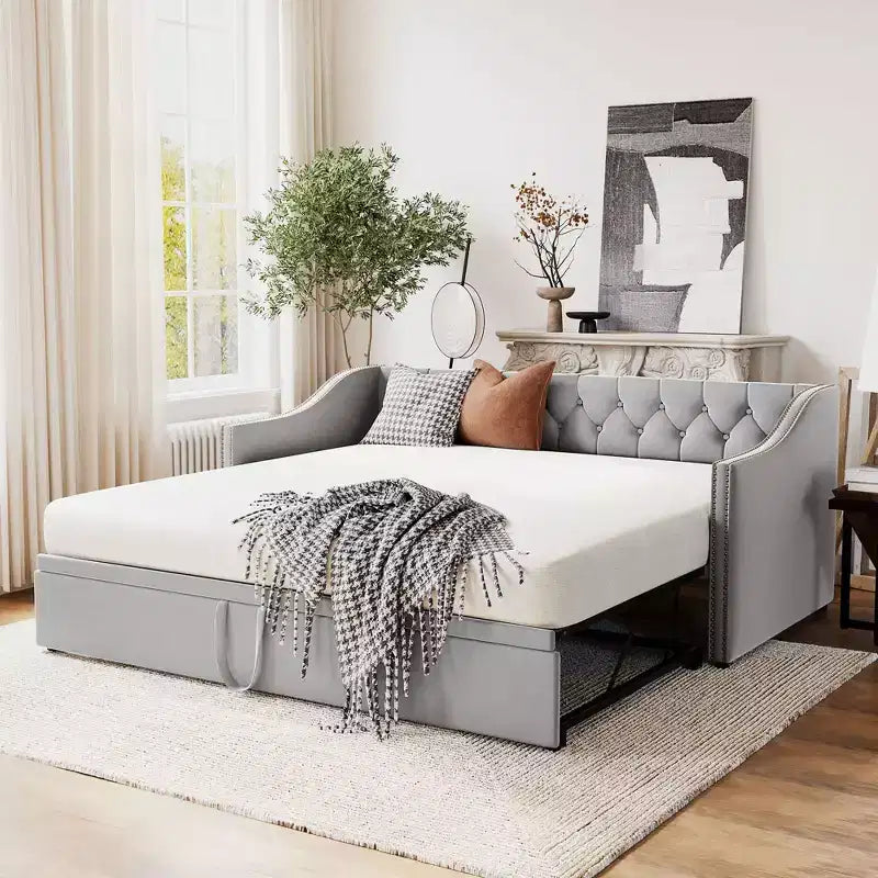 Lit de repos une place avec lit gigogne escamotable, Cadre de canapé-lit rembourré avec dossier pour salon, chambre à coucher et chambre d'amis