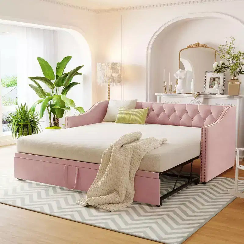 Lit de repos une place avec lit gigogne escamotable, Cadre de canapé-lit rembourré avec dossier pour salon, chambre à coucher et chambre d'amis