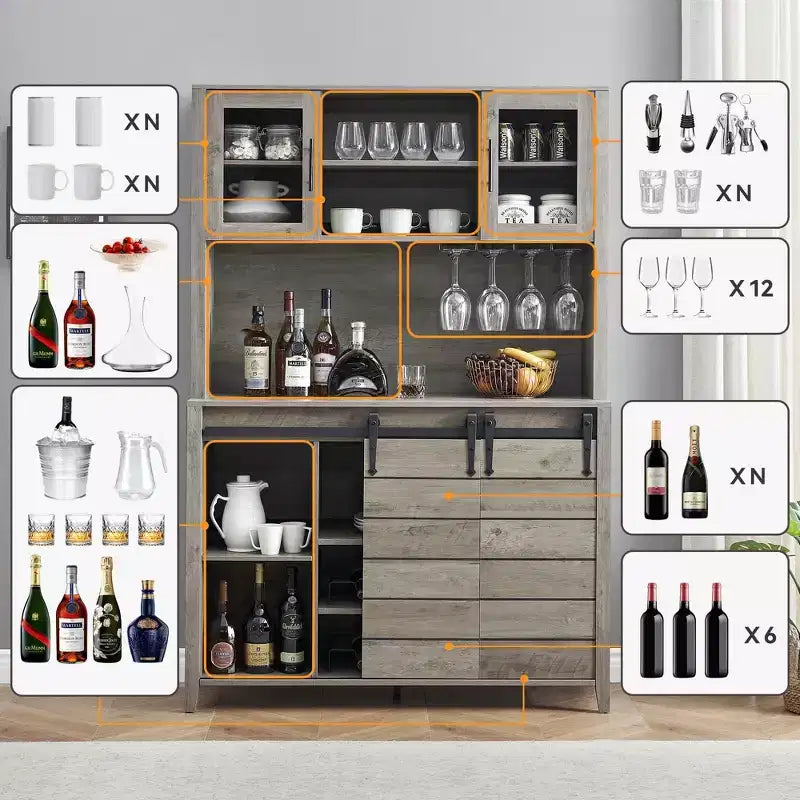 Meuble de bar à café de ferme de 70 po de hauteur avec porte coulissante de grange, étagères ouvertes et rangement