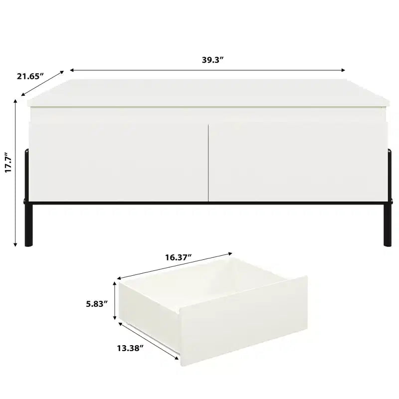 Table basse blanche avec 2 tiroirs sans poignée et étagère de rangement ouverte, 100 cm de large