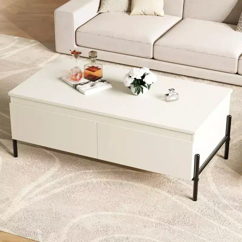 Table basse blanche avec 2 tiroirs sans poignée et étagère de rangement ouverte, 100 cm de large
