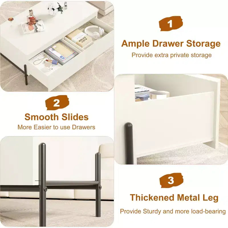 Table basse blanche avec 2 tiroirs sans poignée et étagère de rangement ouverte, 100 cm de large
