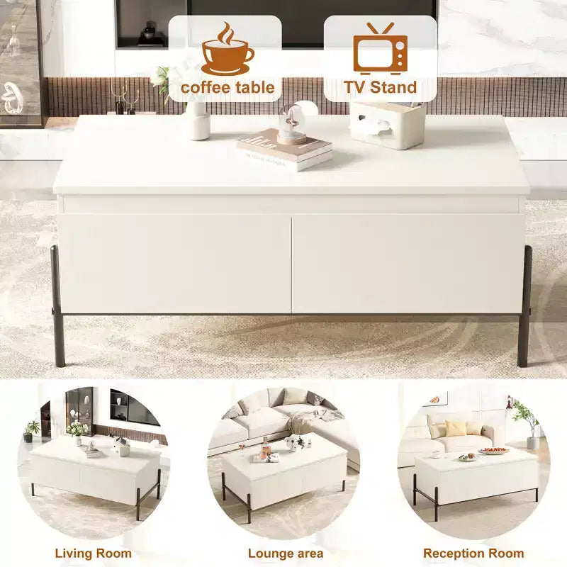 Table basse blanche avec 2 tiroirs sans poignée et étagère de rangement ouverte, 100 cm de large