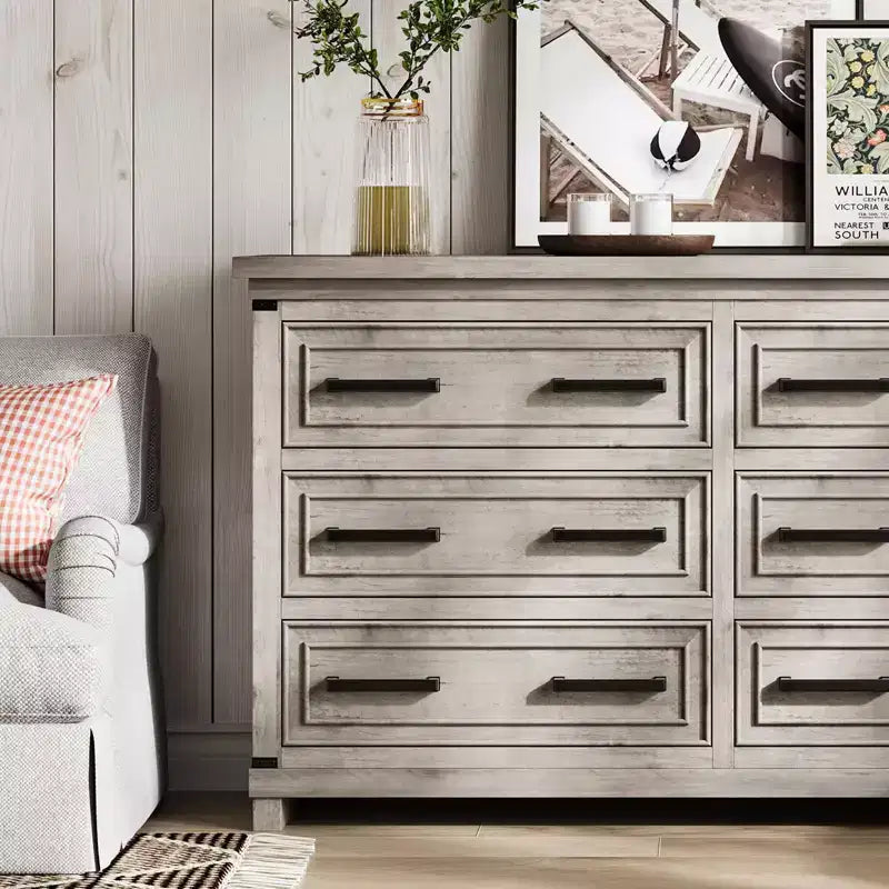 Commode de chambre à coucher de ferme avec 6/8 tiroirs, commode rustique en bois de 140 cm avec poignées en métal