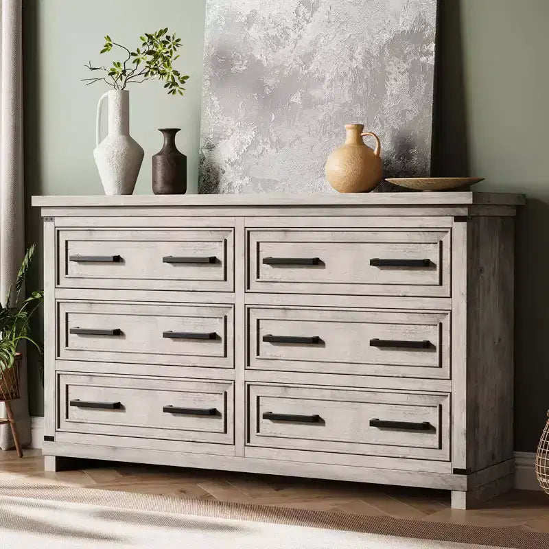 Commode de chambre à coucher de ferme avec 6/8 tiroirs, commode rustique en bois de 140 cm avec poignées en métal