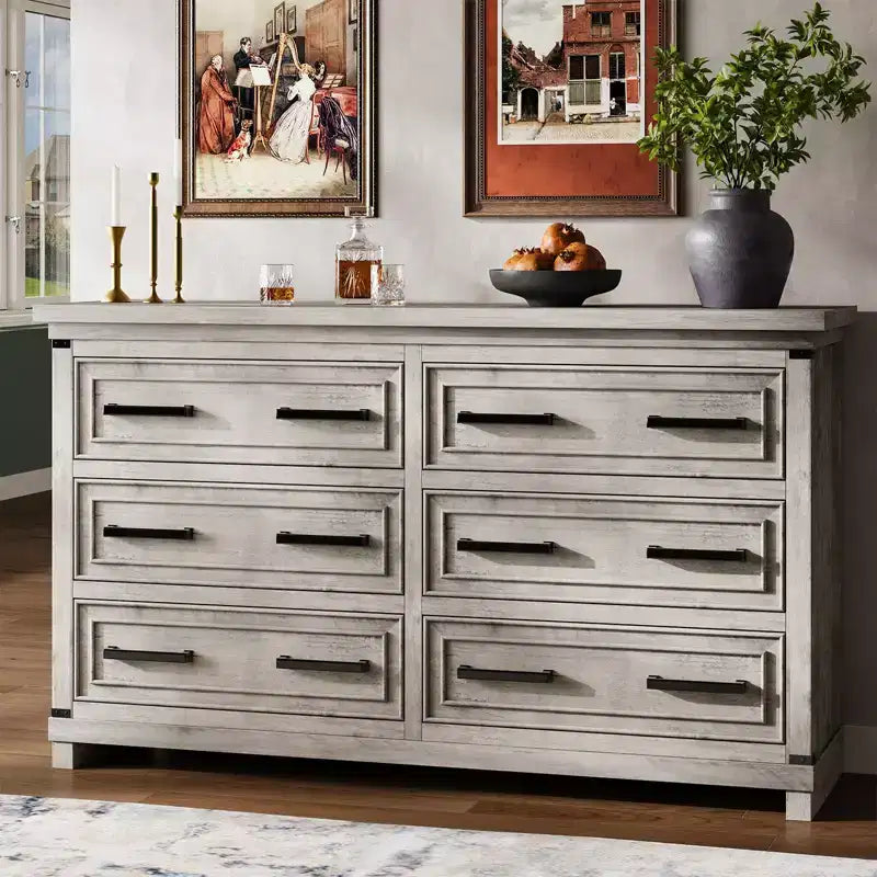 Commode de chambre à coucher de ferme avec 6/8 tiroirs, commode rustique en bois de 140 cm avec poignées en métal